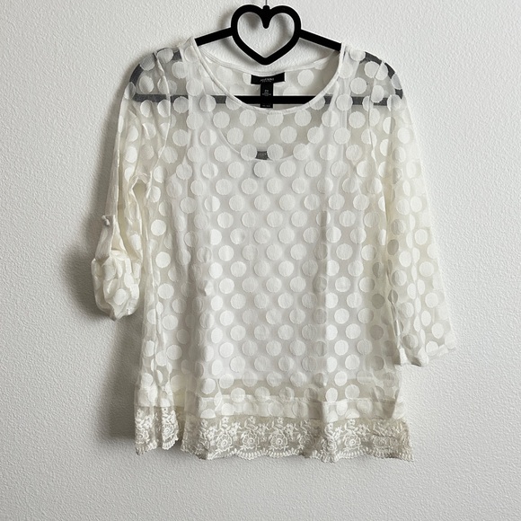 Alfani White Polka Dot Tab Sleeve Lace Floral Hem Top Size SP - Picture 8 of 8